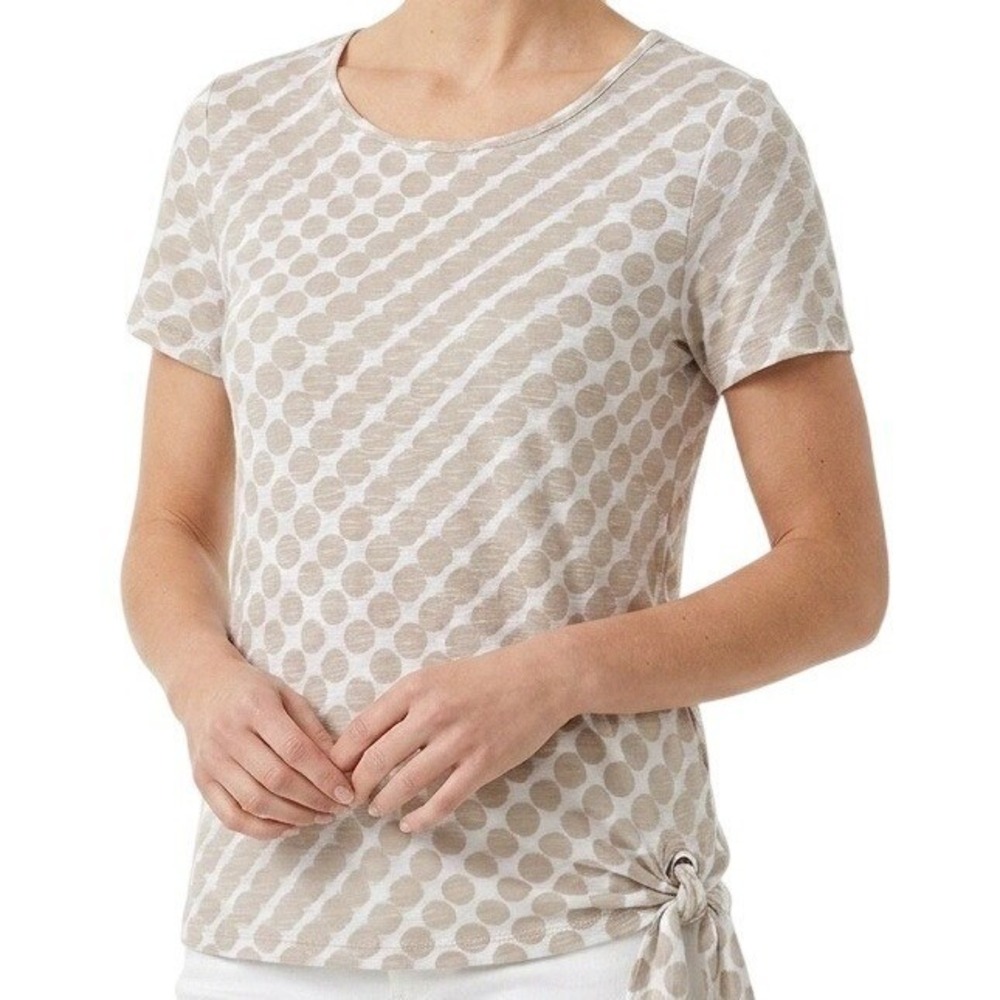 Chico's Tie Hem Top Women Size‎ 0 Small Tan White Slub Knit Short Sleeve